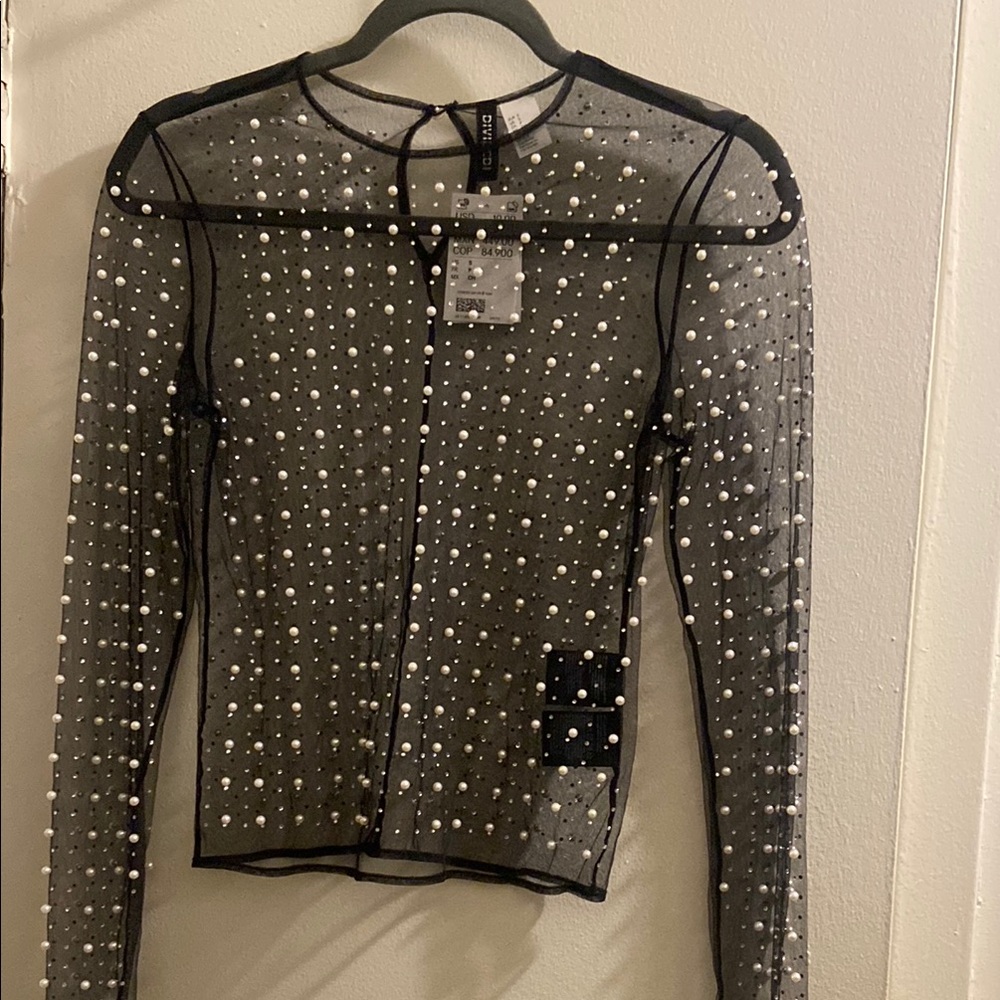 H&M Black Sequin Fitted Long Sleeve Blouse